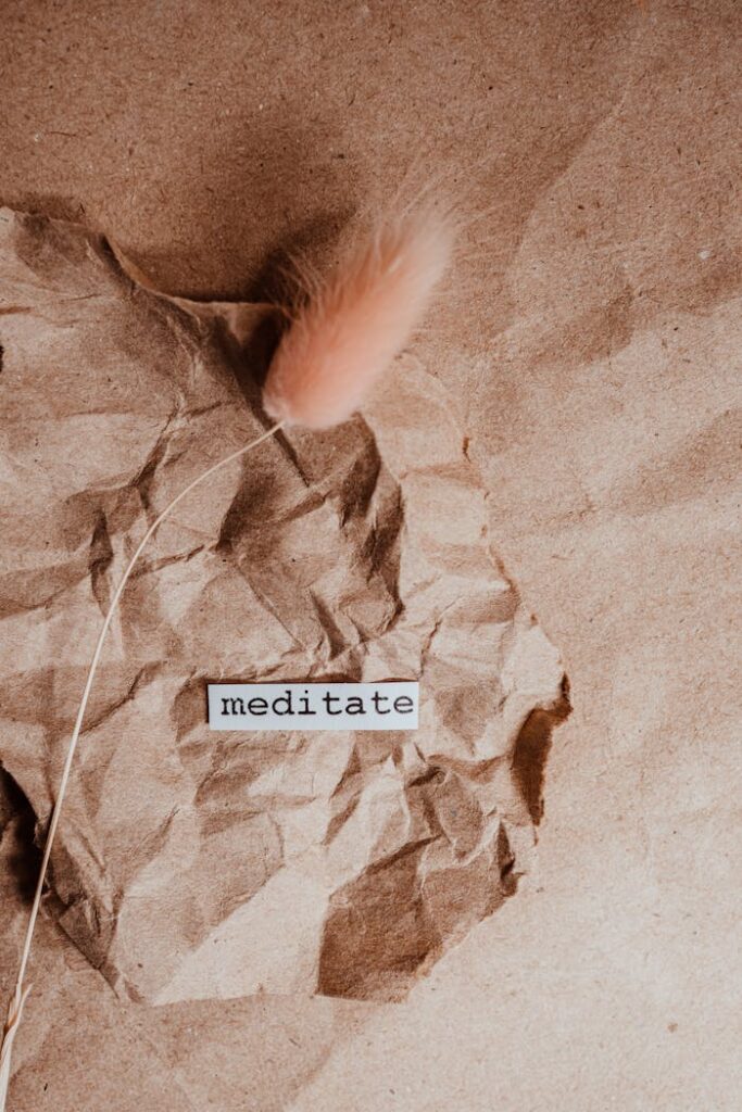 Crumpled paper with the word 'meditate' and a pink plume for a peaceful vibe.